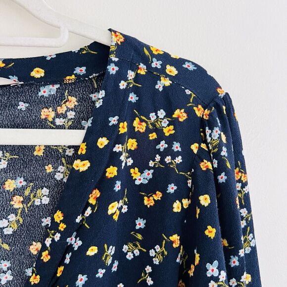 Loft Navy Blue & Yellow Floral Chiffon V Neck Flowy Blouse ~ Size Large - Picture 4 of 7